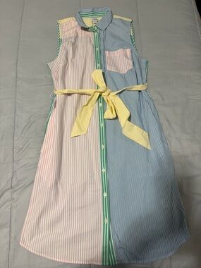 J. Crew Pastel Multi-Stripe Sleeveless Shirt Dress with Yellow Tie